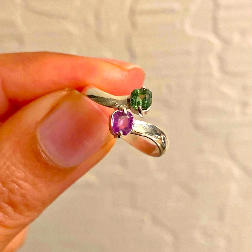Handmade Natural Beautiful Tourmaline & Amethyst Gemstones  925 Silver Ring